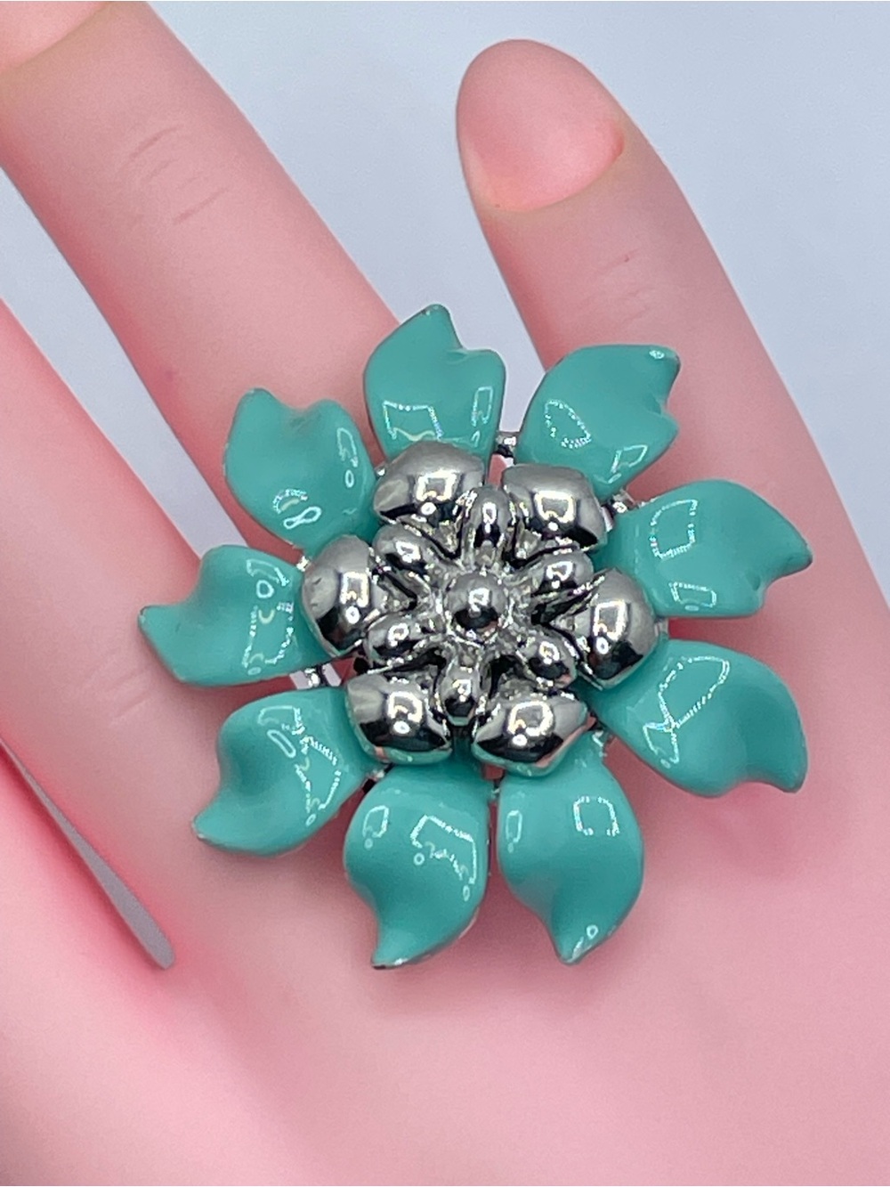 Silver Tone Aqua Flower Adjustable Ring Acrylic Statement Floral